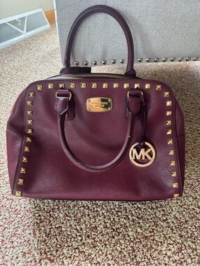 Michael Kors Wine Studded Saffiano Satchel with Gold Hardware